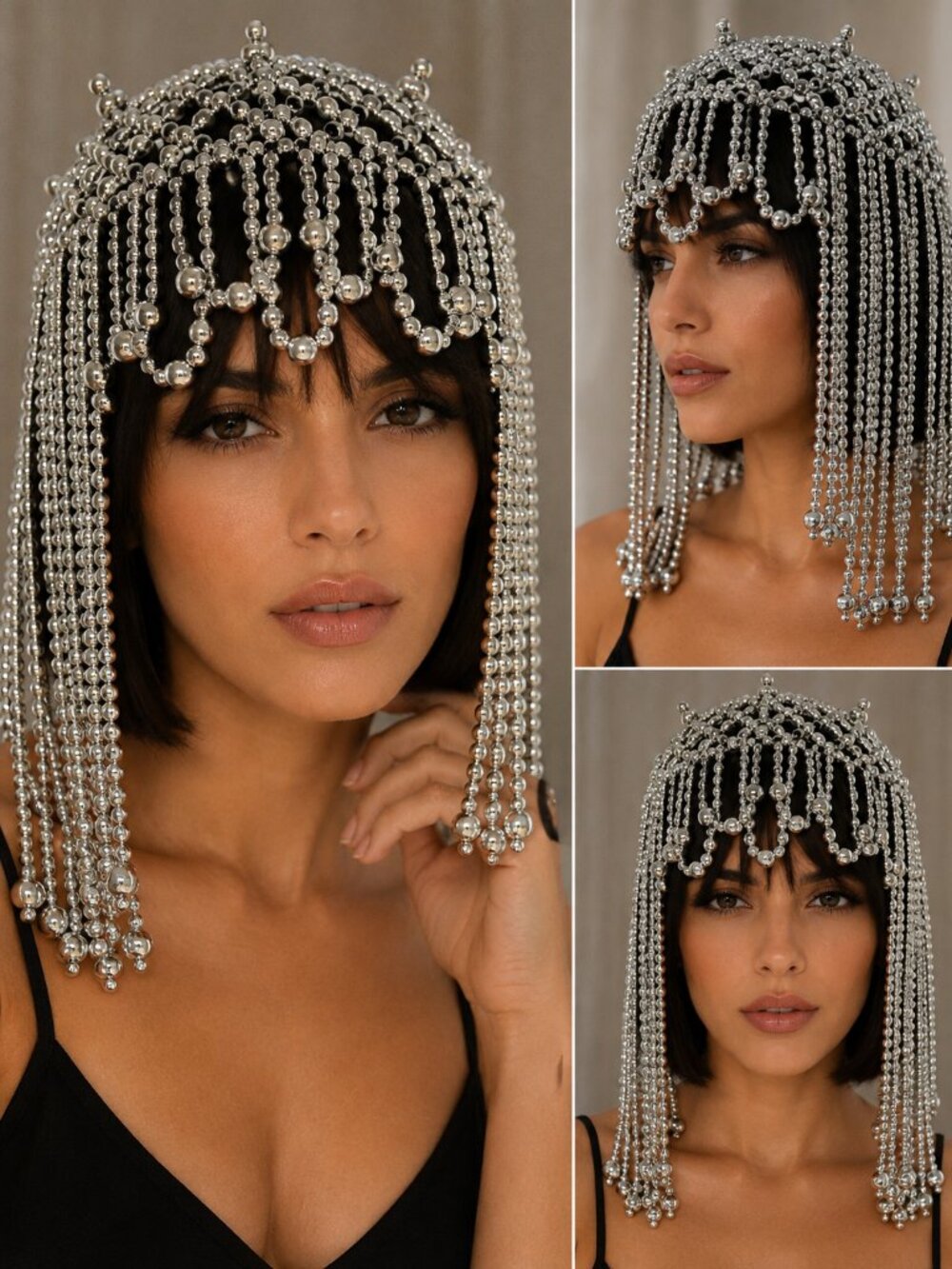 Silver Beaded Headpiece • 1920s Flapper Cleopatra Art Deco Style